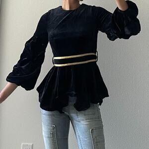 Chic Black Velvet Blouse with Gold Belt